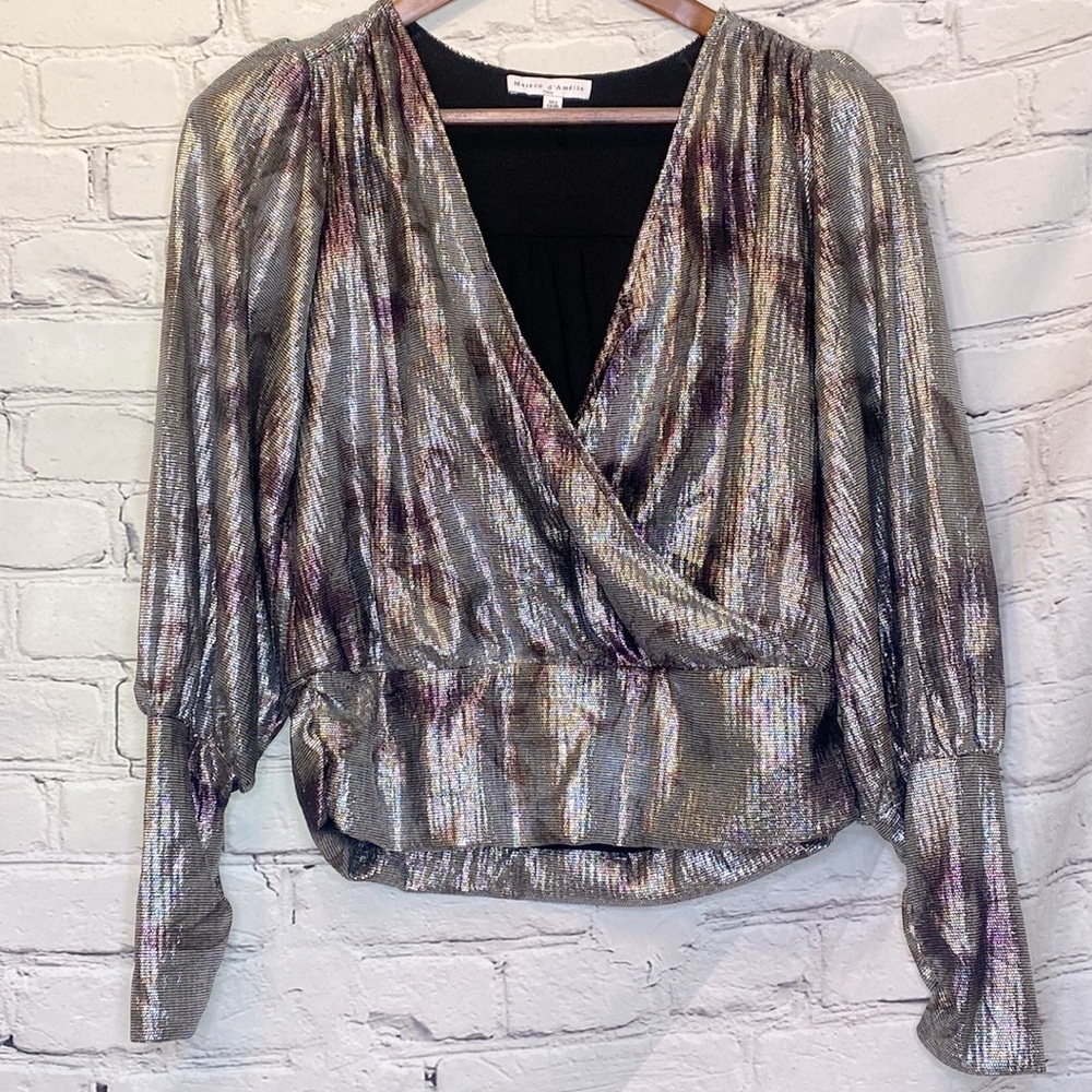 Maison D' Amelie Paris Silver Metallic Long Sleeve Blouse Size Small